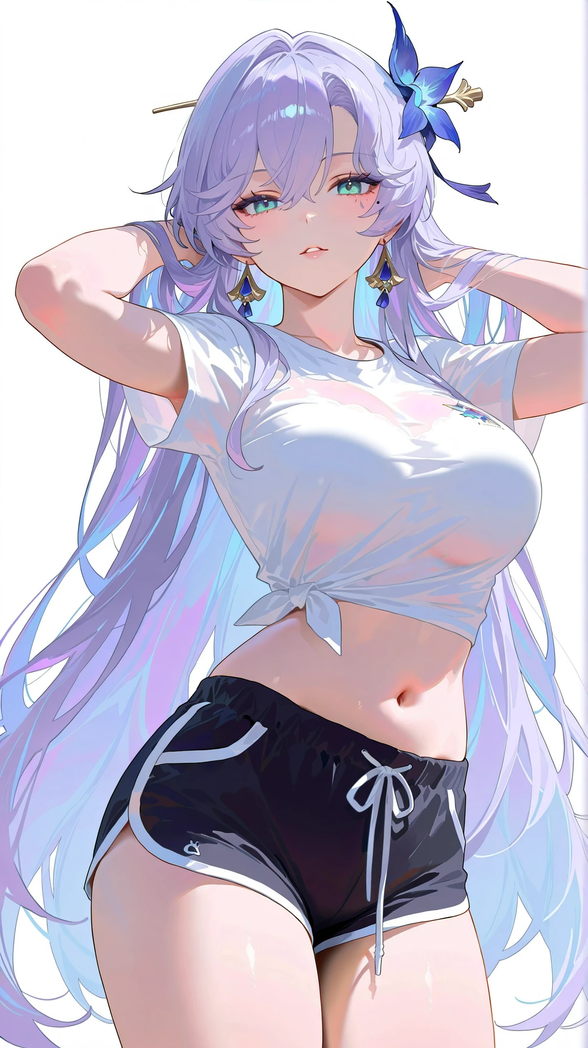 masterpiece, top quality, best quality, official art, beautiful and aesthetic:1.2),(8k, best quality, masterpiece:1.2), (((masterpiece))),(((best quality))),(((extremely detailed))), illustration, who, (masterpiece, top quality, best quality, official art, beautiful and aesthetic:1.2),(8k, best quality, masterpiece:1.2), cantarella \(wuthering waves\),  white background, simple background, 1girl, solo, , shorts, long hair, shirt, navel, white background, white shirt, big , tied shirt, simple background, looking at viewer, black shorts, very long hair, hair ornament, belly, dolphin shorts, thighs, alternative costume, short sleeves, shorts, parted lips, cowboy shot, midriff, hairpin, rouge, blunt bangs, hands in own hair