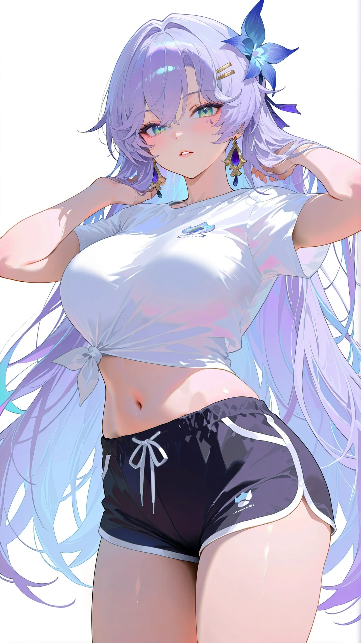 masterpiece, top quality, best quality, official art, beautiful and aesthetic:1.2),(8k, best quality, masterpiece:1.2), (((masterpiece))),(((best quality))),(((extremely detailed))), illustration, who, (masterpiece, top quality, best quality, official art, beautiful and aesthetic:1.2),(8k, best quality, masterpiece:1.2), cantarella \(wuthering waves\), white background, simple background, 1girl, solo, , shorts, long hair, shirt, navel, white background, white shirt, big , tied shirt, simple background, looking at viewer, black shorts, very long hair, hair ornament, belly, dolphin shorts, thighs, alternative costume, short sleeves, shorts, parted lips, cowboy shot, midriff, hairpin, rouge, blunt bangs, hands in own hair