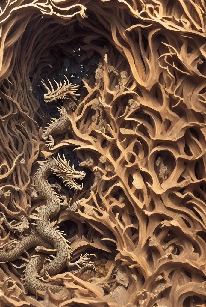 Dead wood carving design style,Double Dragons Playing with a Pearl, Qi Baishi and Chen Longque、Chen Dingbo's dynamic illustration pumpkin carving, Octane Rendering,(best quality, masterpiece, representative work, Official Art, professional, 8K:1.3)