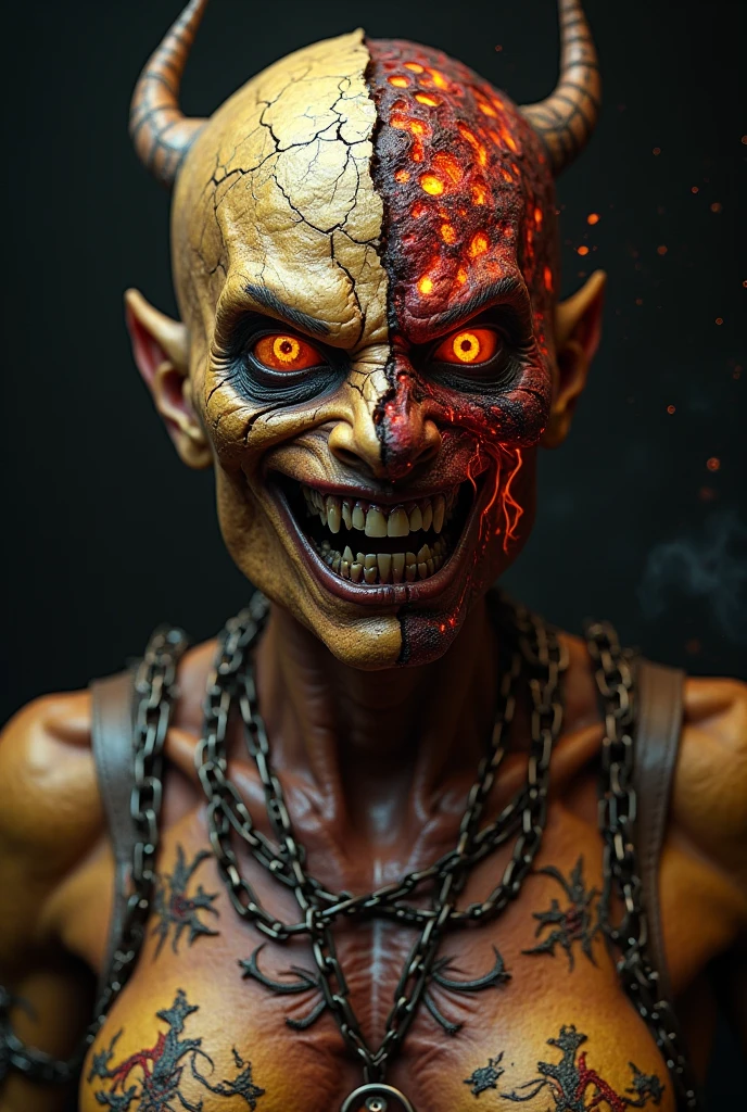 A creature with a mask covering everything except its eyes and smile, naughty man, wear a cloth mask, brawny, evil smile, scary eyes, butcher's clothing