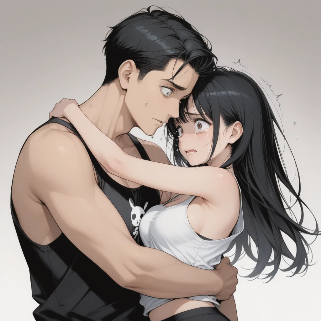 man. A bit thin, but has muscles. Beautiful serious face, eyes are narrow. Black short hair with bangs, on the left side. Dressed in a tight black sleeveless T-shirt with a long neck and jeans.