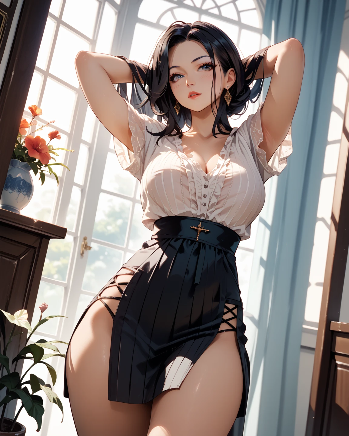 best quality, ultra high res, (((1girl, solo))), ((mature)), green gray hair, choker, adult girl, mature girl, ((milf, mother)), side ponytail, ponytail on shoulder, barefoot, feet, foot focused