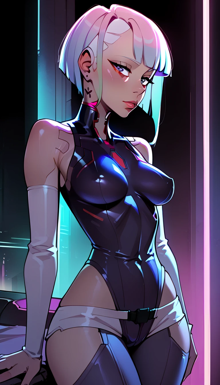 Gothic girl with dark skin,posing from behind showing the butt,mischievous smile,smug face,small nipple silhouette,looking out of the corner of her eye and you can see her green eyes and full lips, she is wearing a very tight black bikini, sexy fishnet stockings, Trapped inside a futuristic cybernetic elevator, the atmosphere is dark and futuristic, she has short short black hair up , athletic girl with tattoo on leg ,Extremely Realistic,provocative look,Dark Manga of,nodf_xl,Dark Anime of,obui,Realistic green Eyes,Close-up From Behind,From Behind