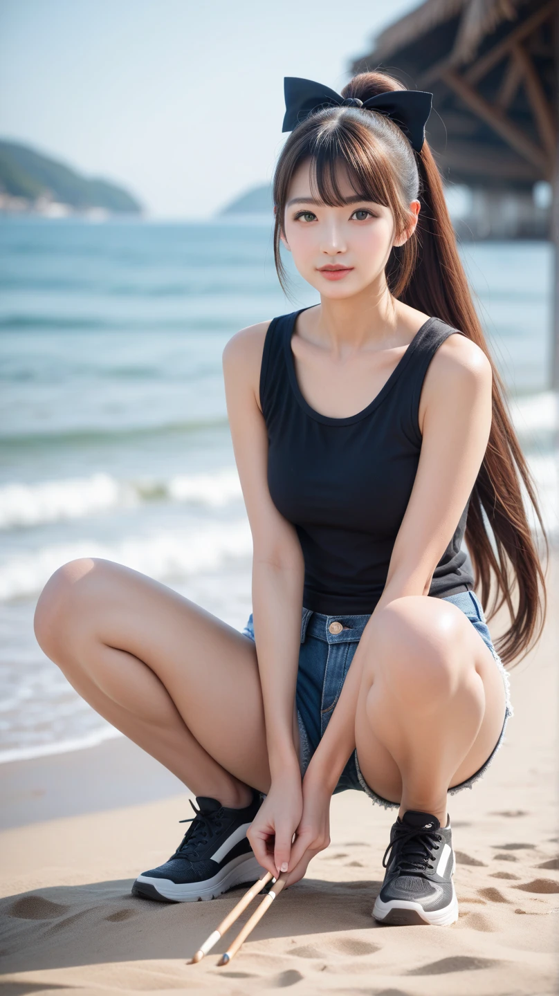 Arapei sits cross-legged on the beach, posing on a beach with the ocean, Korean girl, beautiful Korean women, Gorgeous young Korean woman, Beautiful Asian girl, Attractive pose, posing on the beach, Beautiful young Korean woman, trending on cgstation, Young Asian girl, jaeyeon nam, Sitting on the beach, Korean woman, Asian girl