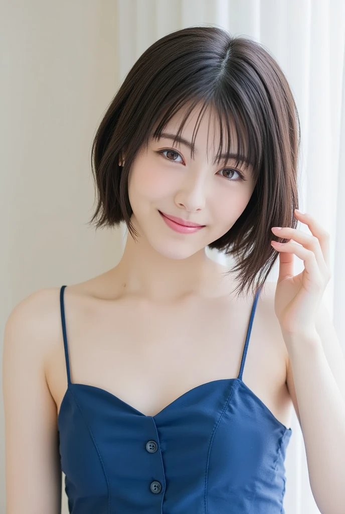 highest quality, masterpiece, ultra high resolution, (realistic:1.4), (portrait facing each other) Raw photo, 1 girl, 20-year-old,((K-pop idol costumes)),((very short hair)),((Bangs, short hair, above eyebrows)),((looking up at the viewer)),realistic,((Simple solid color background)), picture media chest)),((toothy smile)),