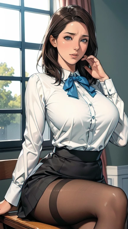 1 flight attendant, only, , salto alto branco, Camisa skinny branca transparente, mini-saia branca, obra-prima, Best quality at best, realisticamente, ultra-detalhado, (peles brilhantes, transpirava:1.4), absurdo, olhando para o visualizador, com cabelo preto curto, com olho castanho,delgado,Dynamic light and shadow,A high resolution,sharp focus,profundidade de campos,The eyes are delicate,Alunos afiados,aluno realista,(Peito arredondado),(pernas longas:1.4),planes，black pants-squatting pose，limpeza，stocklinglackstockings，ombros cortados，toes，