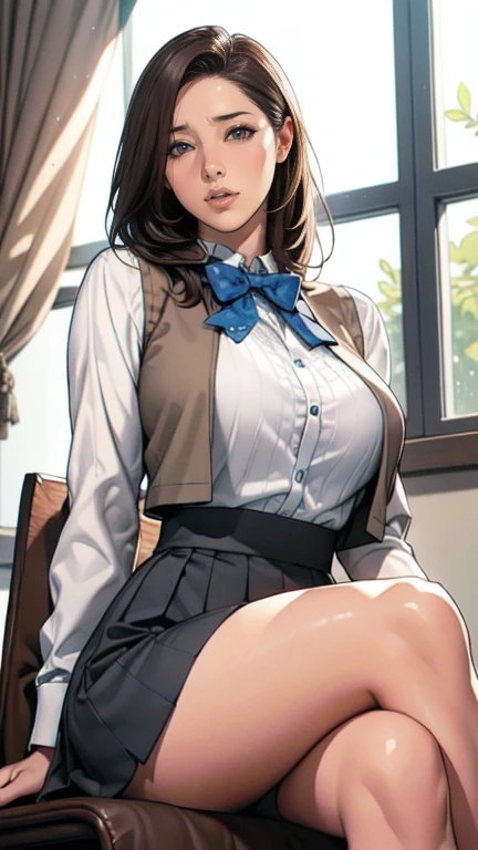 (masterpiece、highest quality)、Beautiful illustrations、Gazing at the viewer、Beautiful thighs、Front view、1 girl、Mature high school girl、A high school girl who looks 25 years old、Shiny skin、(Shoot Bob Hairstyle)、Big eyes、Long eyelashes、very tall、 Beautiful Hair、Beautiful Face、Beautiful Eyes、 Beautiful breasts、Beautiful thighs、Beautiful legs、Beautiful fingers、(((brown knit vest、Short sleeve white collar shirt、Navy Pleated Skirt)))、((Red bow tie))、(In the classroom)、Are standing、((smile))、(((((Skirt lift with both hands、I can see your panties)))))