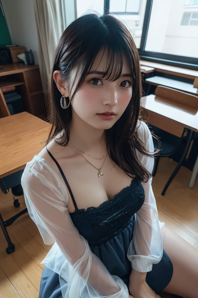 masterpiece, best quality, illustration, Super detailed, fine details, High resolution, 8K,wall paper, perfect dynamic composition,(Details High quality, realistic depiction of eyes:1.3), (Toilet cubicles:1.2), (urinal), Detailed Office, open cardigan, a miniskirt, bitch_virgin, straight hair, black hair color, Big Natural Color Lip, perfect body shape, sexy pose, crying a little、cold gaze, Harajuku style、20 year old girl、cute type、ta, hposing Gravure Idol, full body photo、focus on crotch, huge breasts