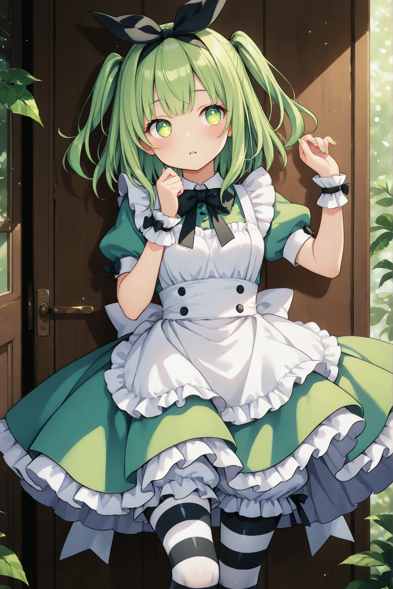 A highly detailed anime-style illustration inspired by Alice in Wonderland. A girl with green hair styled with a green hair ribbon wears a lime green dress with a black bow. Her outfit features a frilled white apron over a frilled, short-sleeved dress with puffy sleeves. She has white bloomers peeking out, wrist cuffs, and striped pantyhose. Her nails are painted lime green. Her striking, glowing green eyes are filled with emotion, and her cheeks are blushing deeply, expressing the tender feeling of falling in love. The overall atmosphere is dreamy and slightly whimsical, capturing the magical essence of a fantasy world.