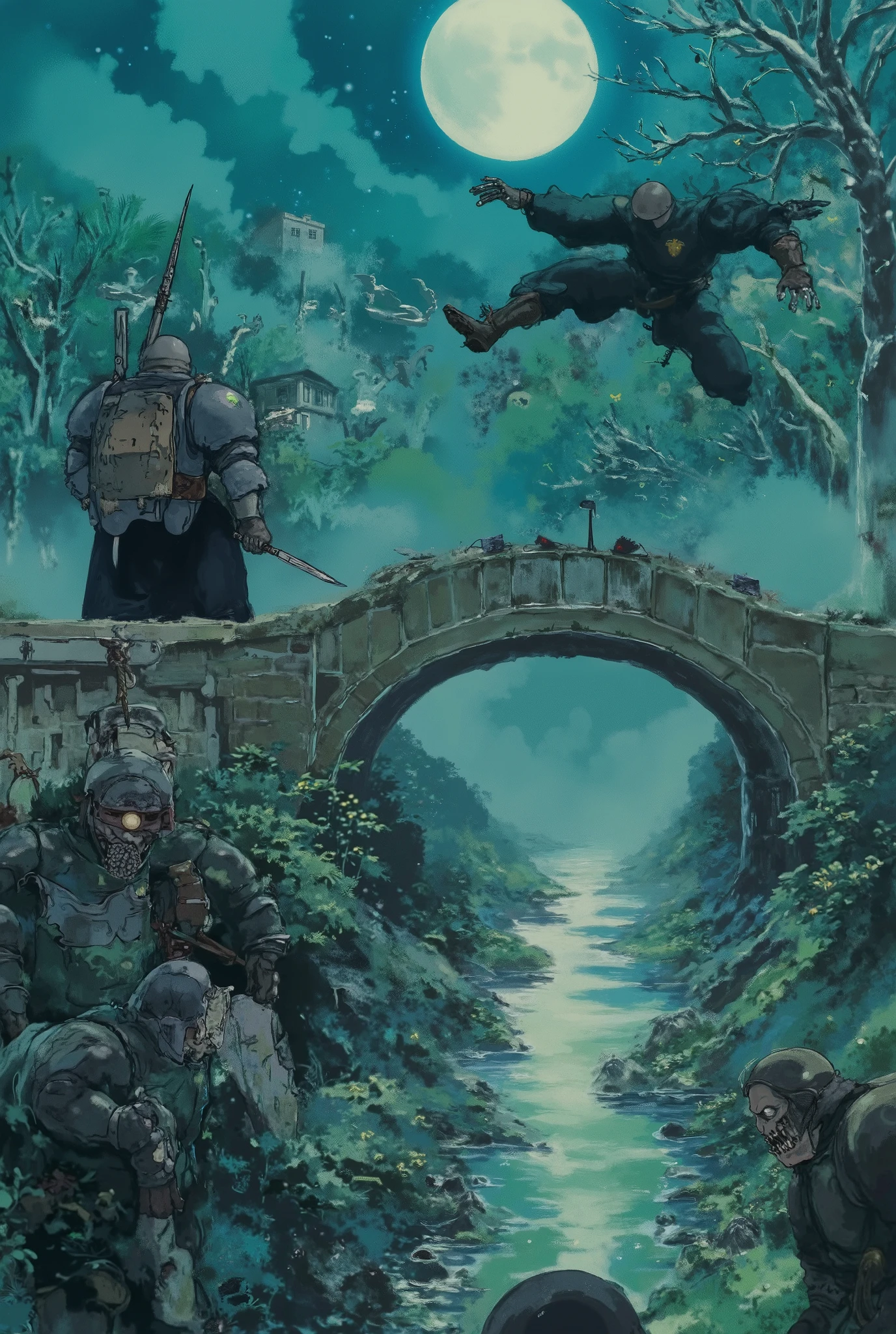 (( we are standing on an ancient stone bridge over the ditch , under the bridge, the water glitters through the fog )) In front of us : ( with his back to us is a warrior in heavy knight armor ,) with a long sword in the right hand and a large iron shield in the left hand), from the far end of the bridge, out of the witchcraft greenish-gray fog, terrible zombies run out to meet us (13th century zombie wars ),epic scene , the moon swings through the fog , the glitter of sword steel war ,