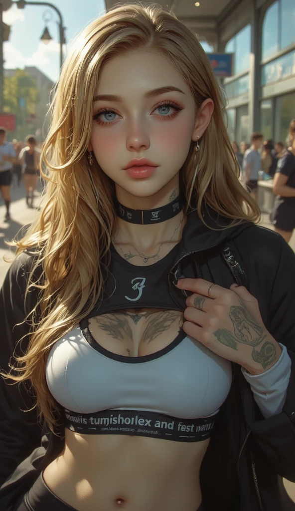 masterpiece, Highest quality, One Girl, beautiful, OK, delicate, Very difficult, detailed, blonde, Jacket, blue eyes, ((masterpiece)), extremely detailed, Highest quality, High resolution, ((at the park)), Bridget, smile,Wet skin and hair, blonde, (White shirt, Torn, No underwear), (Sexually excited expression:0.7), Long Hair, Open ((Perfect body)), Realistic Fashion, High resolutionシステムのdetailed, photo shoot , Sharpness,(((He has many tattoos all over his body)), (((Tight waist))), ((Big Breasts)),(See through)
