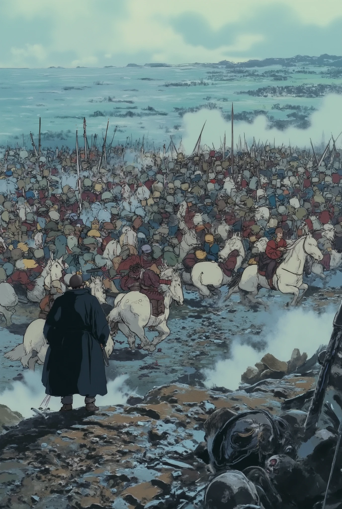 Create a dynamic and intense battle scene with a lone warrior facing an overwhelming cavalry charge. The warrior, standing in the foreground with his back to the viewer, holds a sword ready for combat. He is surrounded by muddy and grim battlefield terrain. The cavalry soldiers are charging towards him on white horses, their armor gleaming, and expressions focused on the battle. The sky is overcast, and the overall color palette is muted with shades of gray and blue, conveying a cold and tense atmosphere