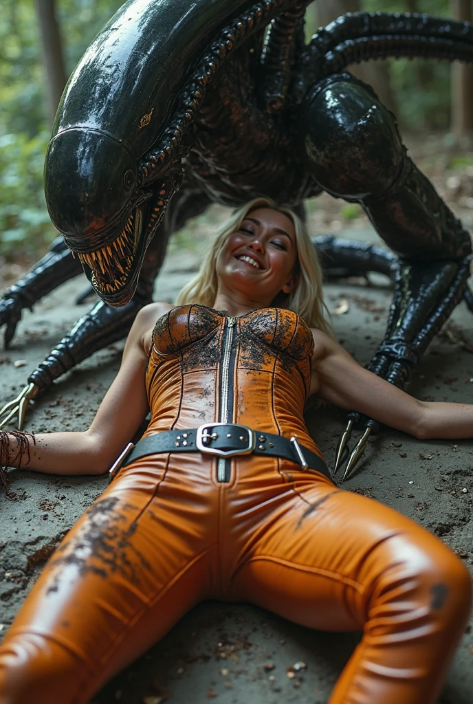 giant grey xenomorph monster carries faint limp topless beautiful horny aroused pregnant pink thong little 15yo young blonde girl in his arms embrace cuddling nsfw kissing