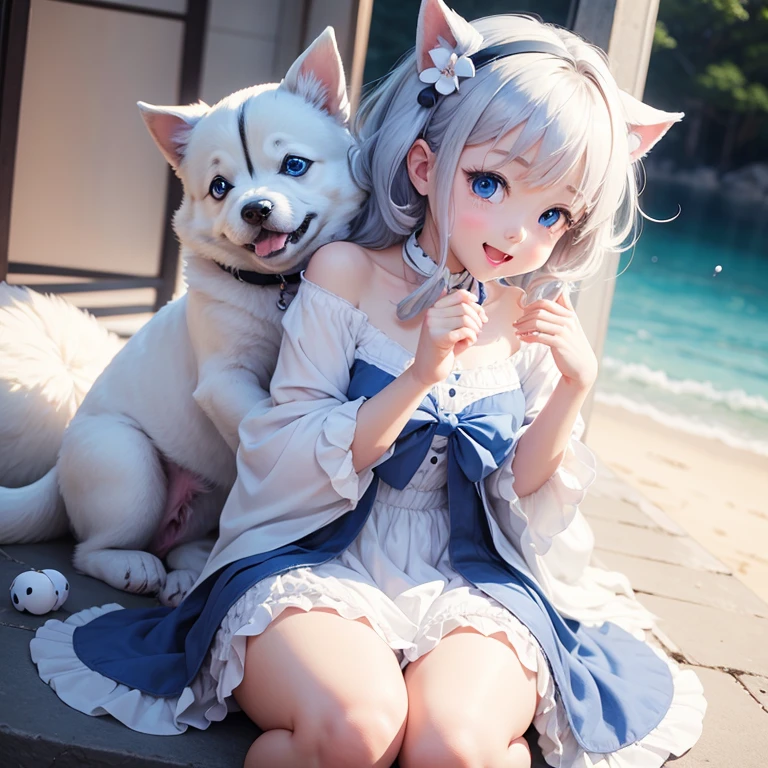1Child, Adorable, Cute child, short fur, white hair, white wolf ears, blue eyes, double eyelids, body tattoo, small body, flat chest, blue G-string bikini, Curvy Loli, Sexy girl, stand, next the camera, Detailed desert