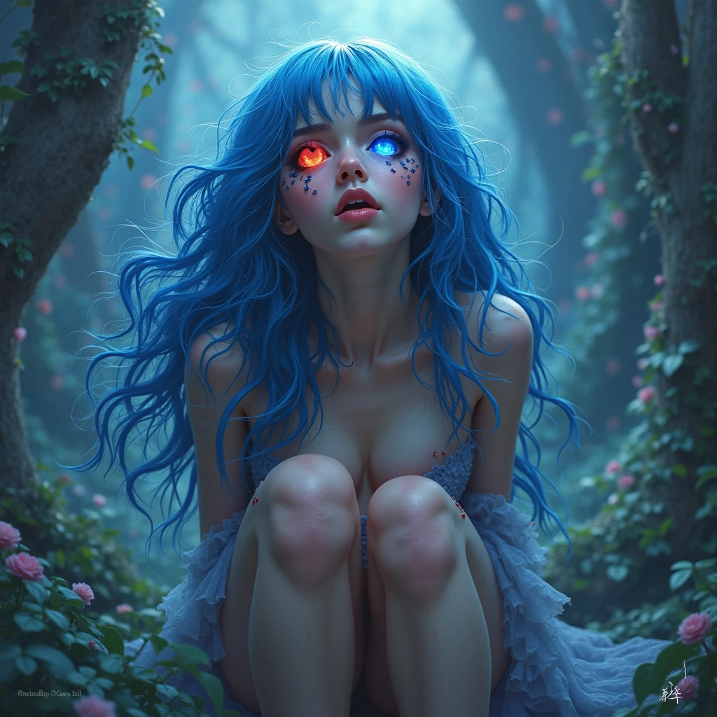 A naked girl with white skin , blue hair ,with big breasts and a small waist sitting with her legs open in a dark forest