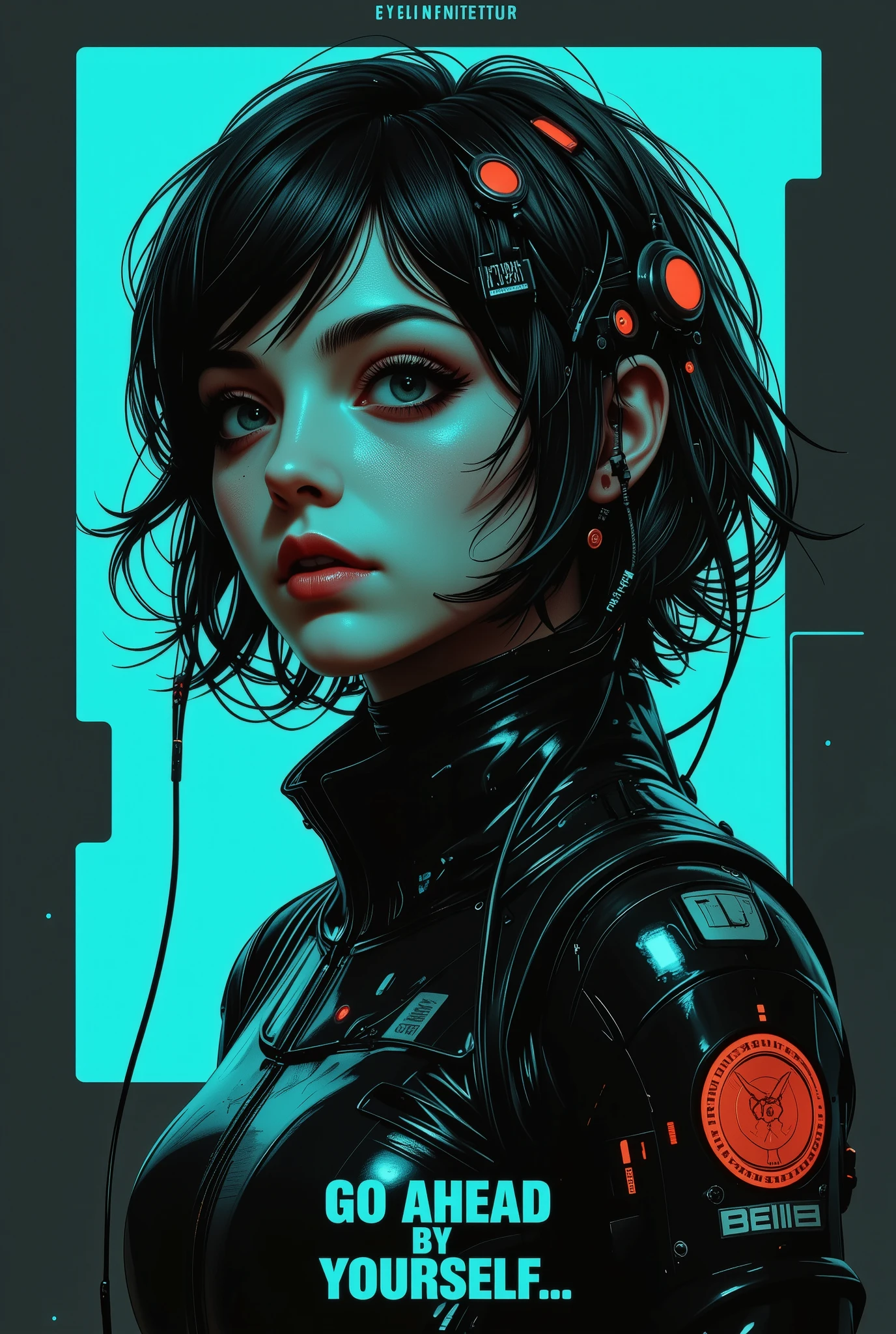 Stylized digital illustration of an unknown girl with short, slightly disheveled hair, wearing a cyber-futuristic headdress with wires attached to it. The headdress covers the eyes and part of the face, resembling a cybernetic helmet. The character's body is not fully visible, only the head and upper torso are shown. The drawing is made in the glitch style, with digital noise and distortion effects. The image is made mainly in turquoise and black tones with barely noticeable neon illumination. The signature in the form of a buggy text at the bottom reads: "GO AHEAD BY YOURSELF.....".