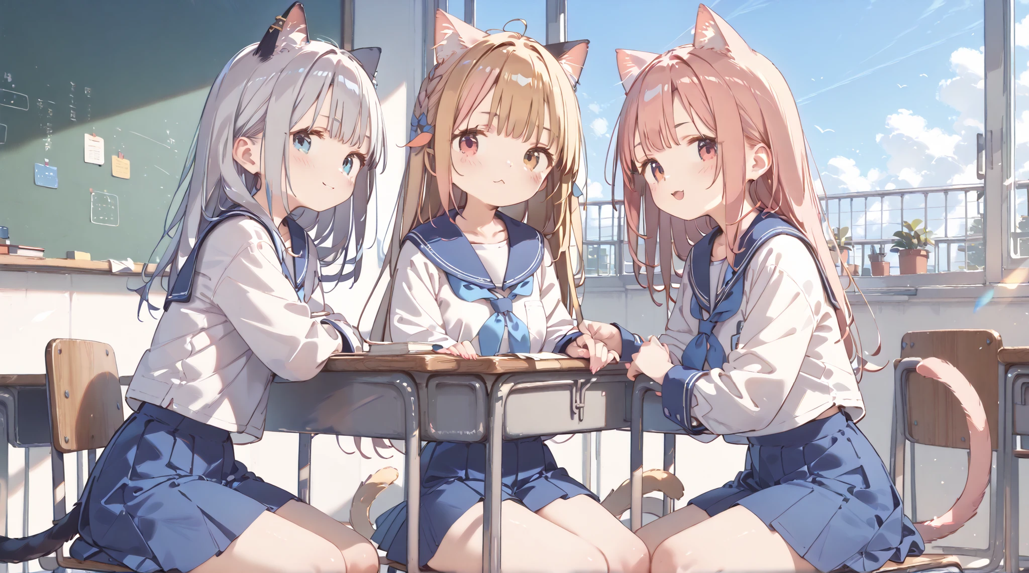 ( masterpiece, high resolution,High Quality,high resolution)、HD、High Quality、8k、4k、Classroom、Cat ears、 cat tail、three girls、naughty