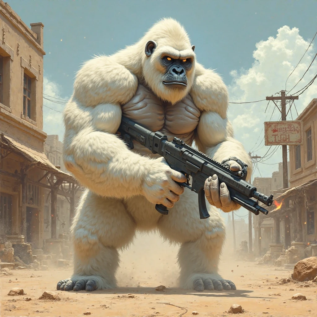White ape gangster with gun, tattoos and guns on the back