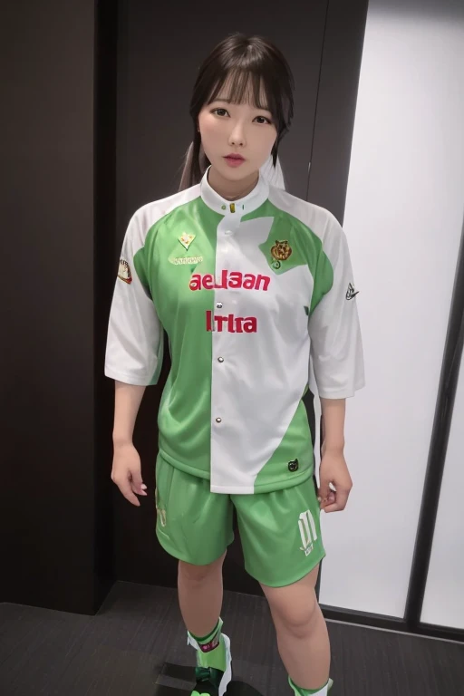 (8k, best quality, masterpiece: 1.2), (realistic, photo-realistic: 1.37), ultra-detailed, 1 beautiful Asian Korean girl, solo, (flushed nose), (smile: 1.15), (mouth closed) female body in shape, big ass ass, fat leg, thin waist, beautiful detailed eyes, (long hair: 1.2), full body, full body, Brazil shirt in class, looking at the camera, with music headset,