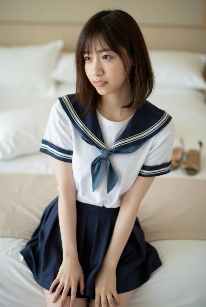 NSFW, (8k, RAW photo, best quality, masterpiece:1.2), ultra high res, (photo realistic:1.2), professional photograph, (Full Body Shot:1.6), looking at viewer, Japanese beautiful girl, cute, urban modern girl, 22 years old, brown eyes, brown hair, long hair, perfect body figure, flat chest, Highly Detailed Face and Skin Texture, Fine Eyes, Double Eyelids, Whitening Skin, (japanese school uniform:1.5,
take off the skirt:1.7), (lie on your back in bed:1.7), Smile, in Japanese style room, Natural Light