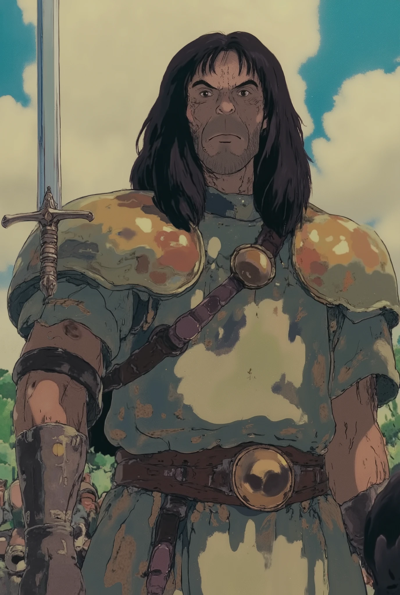 Create a realistic image of Goliath, the giant from the Bible. He has long, black hair. He is strong, huge, and has an ironic expression. This character is described in 1 Samuel chapter 17. Goliath is wearing a sword and ancient armor. He is portrayed with a strong, ironic expression. The background is the Valley of Elah in Israel. In this setting, there are Philistine soldiers around the giant Goliath. Warm, cinematic colors.
