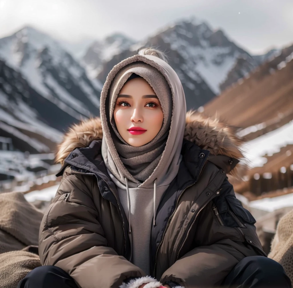 Wallpaper 8k, beautiful girl wearing hijab, naturally beautiful, pale white skin face, Korean girl hijab, wonderful hijab, elegant clothing, opening jacket, playing in the snow, siting on snow