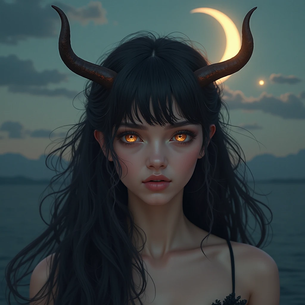 beautiful, (masterpiece:1.2), (best quality:1.2), perfect eyes, perfect face, perfect lighting, (1girl), nude, (black blueish skin), (colored skin), (black skin), dark elf, tiefling, demon horns, (demon skin), (black pupils), (black eyes), upper body focus, beach background. sunny