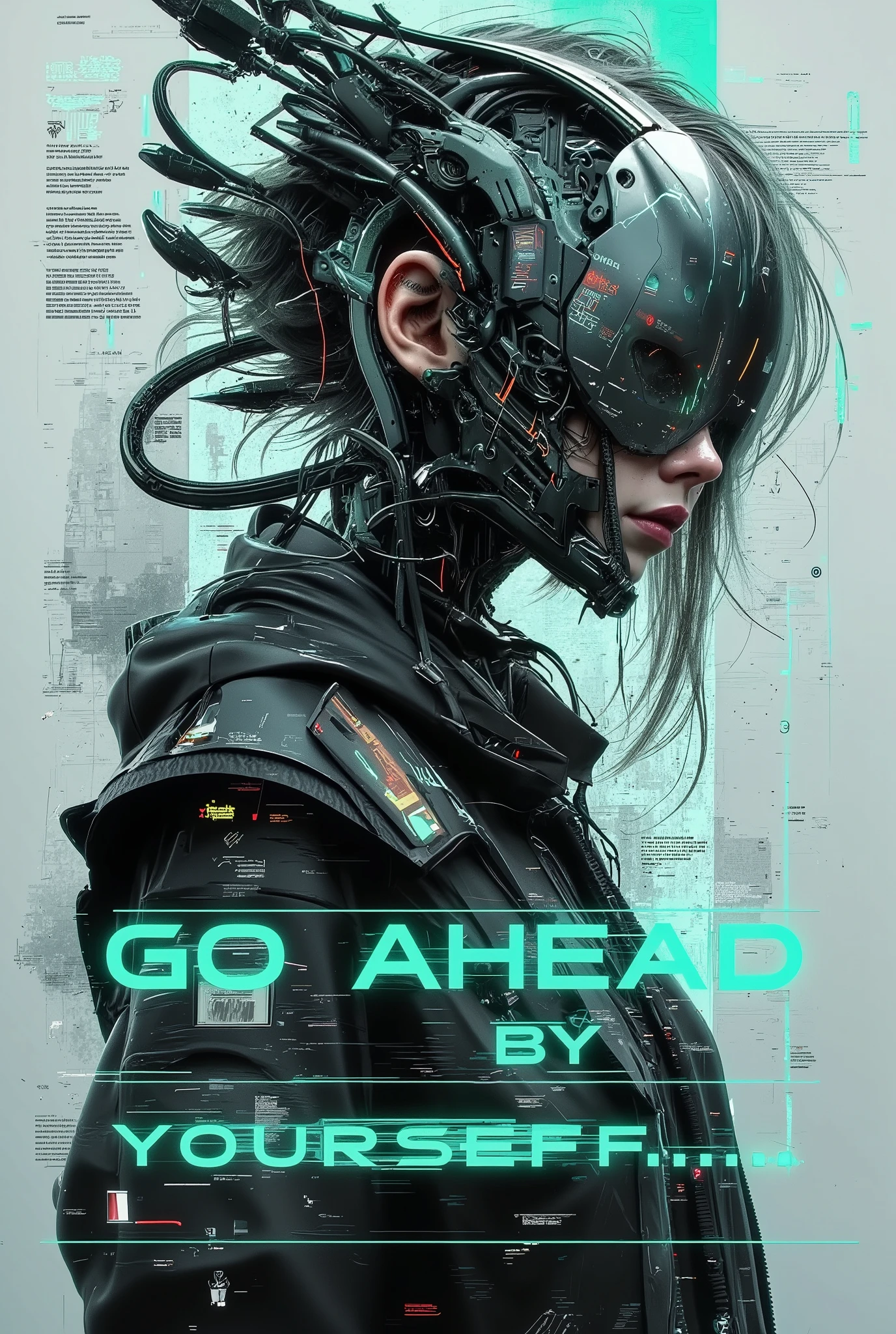 Stylized digital illustration of an unknown girl with short, slightly disheveled hair, wearing a cyber-futuristic headdress with wires attached to it. The headdress covers the eyes and part of the face, resembling a cybernetic helmet. The character's body is not fully visible, only the head and upper torso are shown. The drawing is made in the glitch style, with digital noise and distortion effects. The image is made mainly in turquoise and black tones with barely noticeable neon illumination. The signature in the form of a buggy text at the bottom reads: "GO AHEAD BY YOURSELF.....".