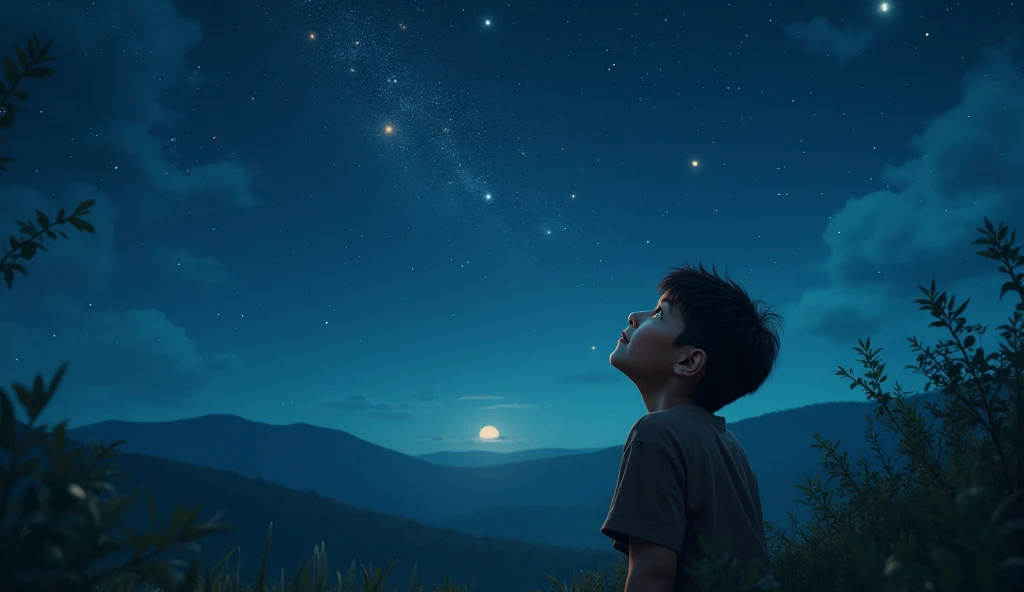 A child staring up at a starry night sky.