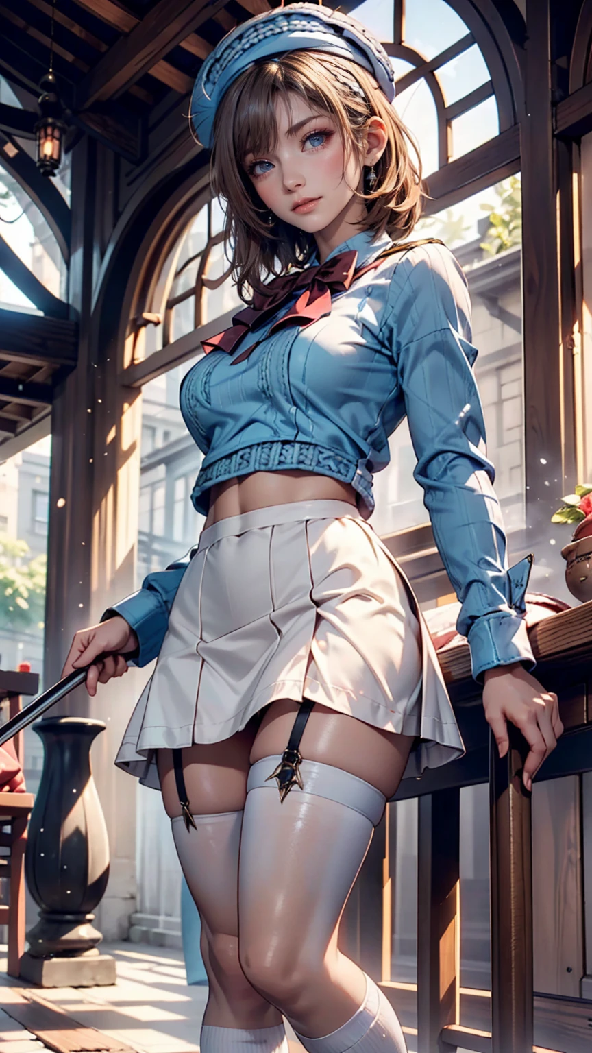 (iwanagadress:1.2), (Rock vine:0.9),(beret:1.8), Kotoko Iwanaga, One person, beret, black bow, blue skirt, bow, Brown footwear, Cane, dress, hair bow, Have, Holding, Holding Cane, Juliet Sleeve, Light brown hair, Long sleeve, View your viewers, petticoat, Puff sleeves, Purple eyes, short hair, skirt, alone, Thigh straps, Knee socks, white dress, White Hat, white Knee socks, Kyokou suiri