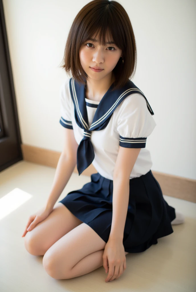 In 8K,Highest quality,The true picture,Intricate details,Ultra-high resolution,Depth Field,Masseter region,Natural soft light,Professional Lighting,1 Girl,(cute:1.2),Very beautiful 18 year old girl,Fine grain,((Brown eyes)),(Brown Hair),(Short-haired),(Skin without bangs,Glowing Skin,Pure white skin,Fine skin,Big and ample breasts,((Perfect Anatomy,Nice hands,Perfect hands,Five fingers connected to the palm))((Her panties slipped to the side、I can see her)).,,Perfect Bare Feet,Delicate legs,Perfect proportions,sexy,I can see your chest,((Sailor suit miniskirt)),(tie),Black socks,Black leather shoes,Diving deep into the city,I can see your crotch,Showing your underwear on the street,Both legs are bent,(((Spread your legs wide in an M shape.,I can see your pussy))),Observe the audience、(((Big Breasts)))(Crouching pose)、((Spread your legs wide while wearing a mini skirt)),((Show white panties to the camera)),