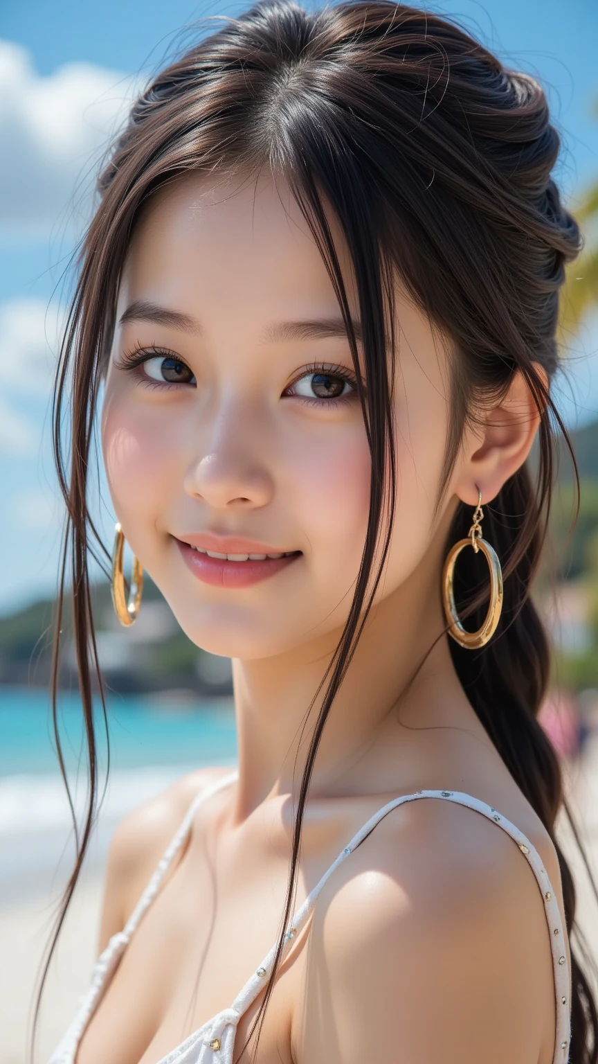 (The upper part of the body), (top-quality:1.1) ,(Photorealsitic:1.1), (a picture:1.1), (ighly detailed:1.1), see the beholder,A bracelet, eye lashes, happiness, tiny chest,a beautiful detailed girl, (extremely detailed eye and face), (lighting on the face), a necklace,colourful clothes,[off shoulders], (独奏:1.2), sand beach,sand beach,Standing on the seaside, 夏天, (Beautiful detailed sky),