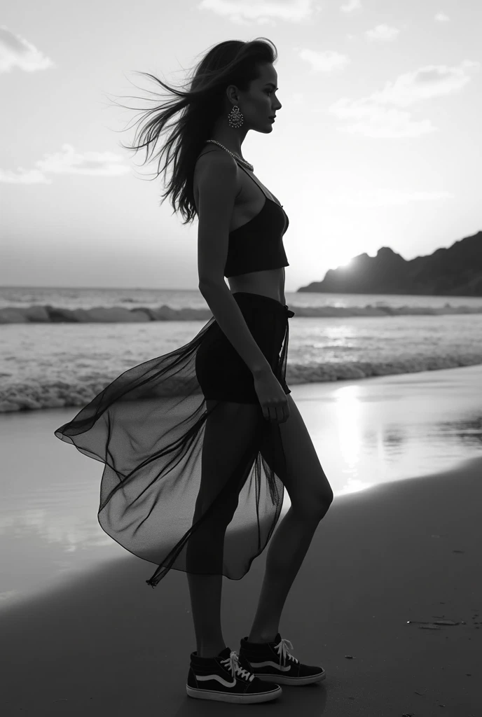 black and white line drawing Emphasizing the lines, shapes and textures close-up of the face, masterpiece photo of a young woman, Colombian, midriff-baring fashion, slim and athletic with a toned physique, large breasts, dress bright sarong, straw hat, flip flops. , Creating an "S" shape with her body to give her elegance, A serene beach at sunrise, capturing soft golden light and calm waves. , Oblique angle, Hasselblad X1D-50c, in the style of Paolo Roversi. professional, elegant, modern, minimalist, graphic, linear, vector graphics