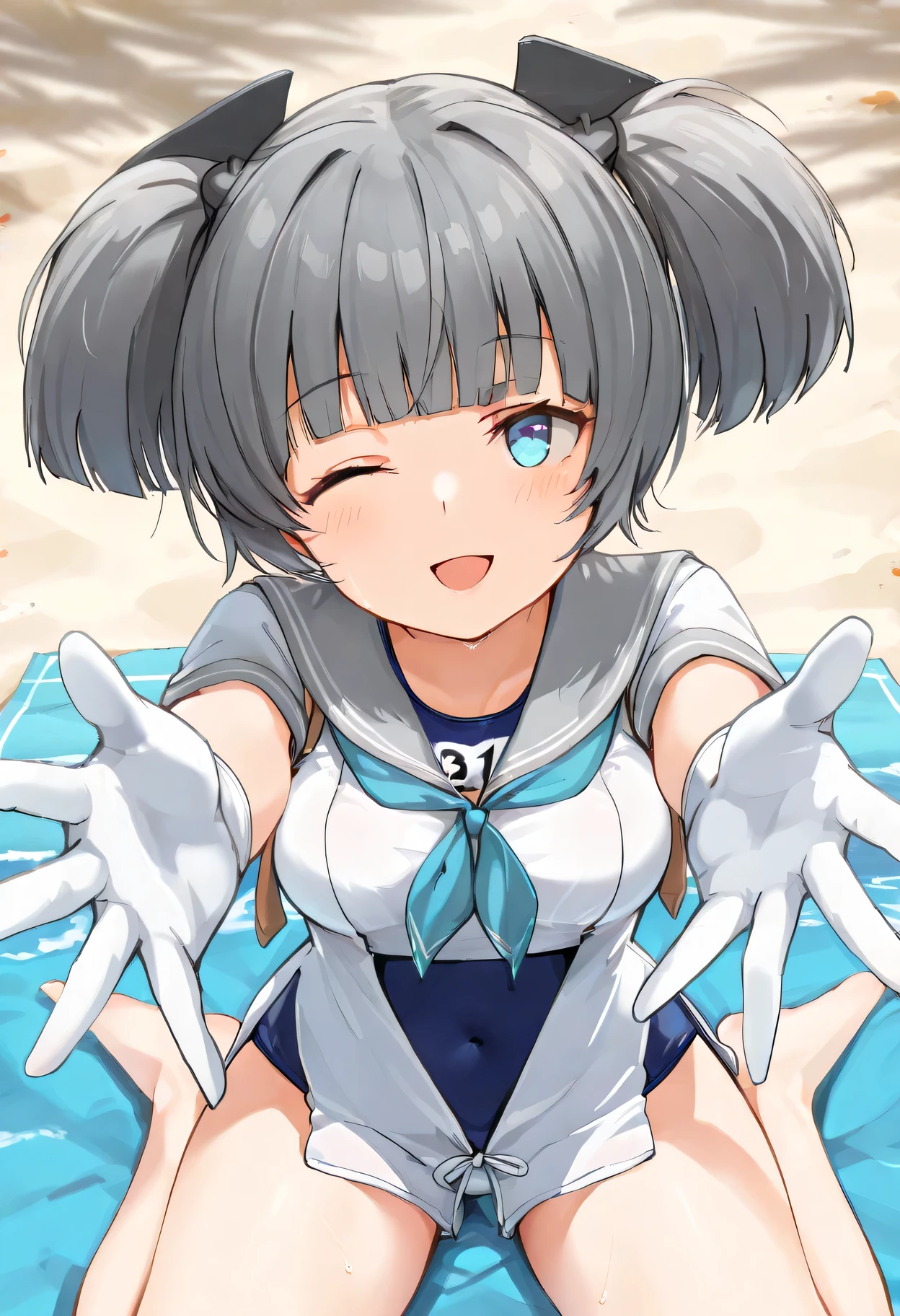 masterpiece, high resolution, ultra-detailed, absurdres, newest, anime coloring, vibrant colors, vivid colors, 1girl, solo, i-36 \(kancolle\), I36KC, blue eyes, detailed eyes, short twintails, grey hair, short hair, short sleeves, white gloves, blunt bangs, sailor collar, neckerchief, covered navel, school swimsuit, old school swimsuit, swimsuit under clothes, front-tie, bow tie, medium breasts, (thick thighs:0.7), happy, smile, open mouth, one eye closed, sitting, wariza, reaching towards viewer, looking up, pov, beach towel, beach, wave, depth of field, sensitive,