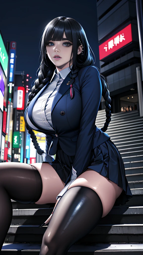 (((masterpiece, Highest quality, High resolution, 超High resolution, Pixel perfect, Written boundary depth, 4K, RTTX10.0))), Exact finger count、Exact number of legs、(Exact number of arms:1.0, Exact number of hands:1.0), (Perfect hands, Perfect Anatomy), Cinematic, Realistic, Highly detailed CG, Night lighting, Perfect lighting, Best Shadow, The best natural light, whole body, Perfect body, plump body, short hair, smile, ((A woman shows off her panties:1.3)), (school uniform, sailor uniform, Knee-high socks, loafers, Navy pleated mini skirt:1.3), (Sexy and cute panties), (Stylish shiny satin pink panties:1.2), Side tie panties, Lace panties:1, Feeling embarrassed, (blush:1.2), (Embarrassed expression:1.4), (On the streets of the entertainment district at night:1.3), Angle from the front