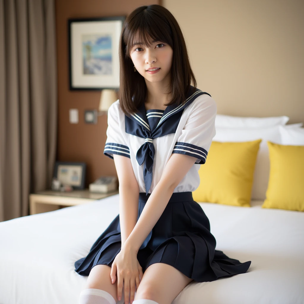 (Masterpiece, Best quality:1.4), (Ultra realistic, Photo-realistic:1.3), , flustered, embarrassed, (:1.2), ((Wearing Sailor suit, White short sleeve:1.3)), (Dark navy pleated skirt:1.2), (Wearing white sock), (small ), Natural light, 20 years old actor, Japanese woman, Neat and clean, (Short wavy hair:1.1), (Beautiful face), Oval face, clear skin, Beautiful eyes, Kind eyes, Clear skin, Small face, ( face), Beautiful mouth, Small mouth, Natural makeup, (watery eyes), Seductive eyes, (Beautiful thighs: 1.2), Luxury hotel Suite room, 