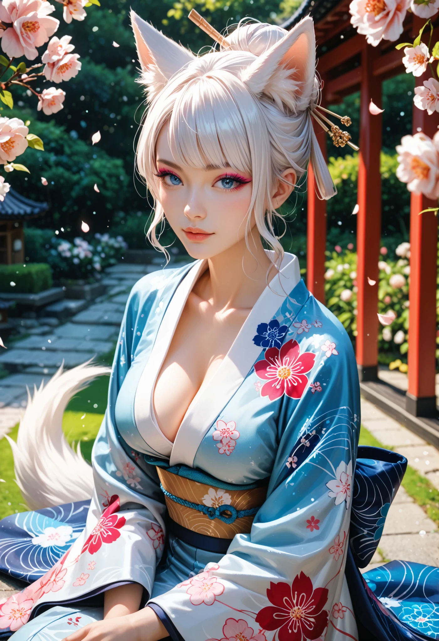 spirit blossom riven, 1girl, white kimono, white hair, single horn, hair ornament, solo, detailed face, looking at viewer, upper body, sky, cherry blossoms, petal, flower, masterpiece:1.2, <lora:riven_spirit_blossom:0.8>, earrings, sunglasses, cowboy shot, best quality, best quality, UHD, ccurate, award winning, super detail, 4K
