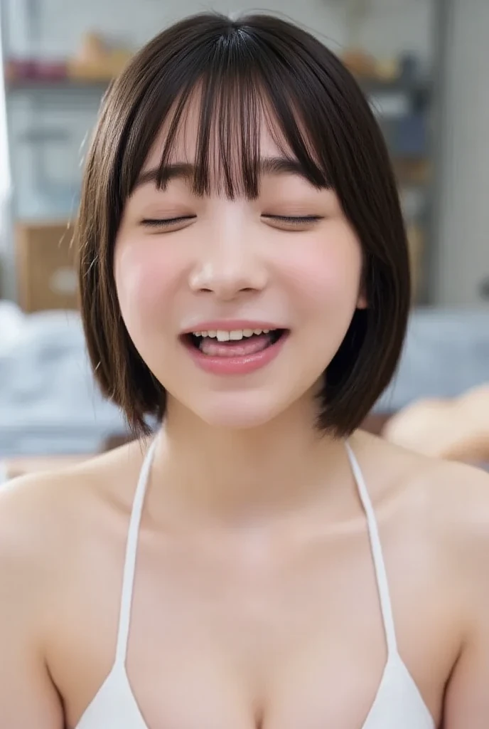 Gravure photoshoot, upper body photo of a girl in a white sheer fabric((Fully nude)), alone, ((Hard nipples)), Realistic(face, body, High definition skin, Skin pores), (big breasts:0.88), fine brown eyes, 鬠红, Black choker, Earrings, (Messy bob hair), (short pink hot pants), shiny pink lips, close, (Smiling Eyes:0.375), ((Grin:1.125)), Depth of written boundary, Outdoor, blurred background, Eye focus, (NSFW:1.16),((((nsfw)))),at near range:1.5、((1 boy and 1女の子 are having sex:1.8、cow女の子 position、
girl on top、、penis))、