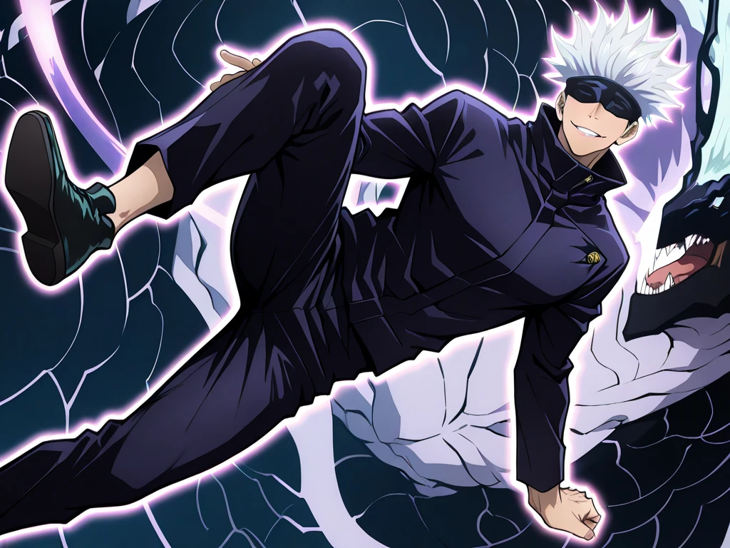 Male, boy, handsome, fighting stance, white hair, emerald eyes, glasses, watch in left hand, cane in right hand, black suit, purple shirt, white pants, white shoes, black demonic aura, dark powers, white background, 4k quality