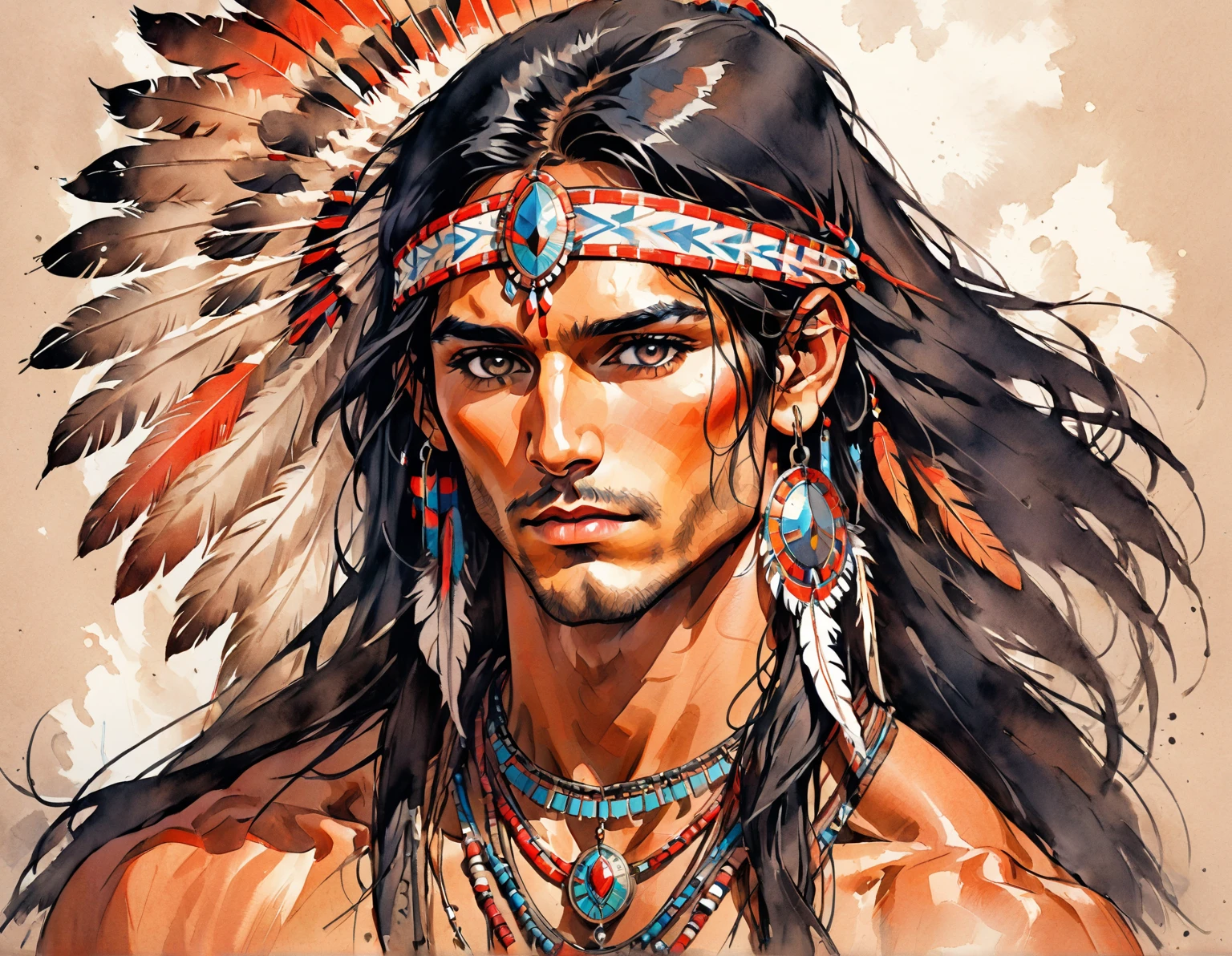 1 man, Native American man, solo focus, 27 years old, brutish, toned body, long hair, traditional Apache Costume, lean muscular body, dark eyes, battle axe, war cry, masterpiece, ultra HD, insane details, realistic, detailed face, war face paint, detailed skin texture, blurred background, battle field,