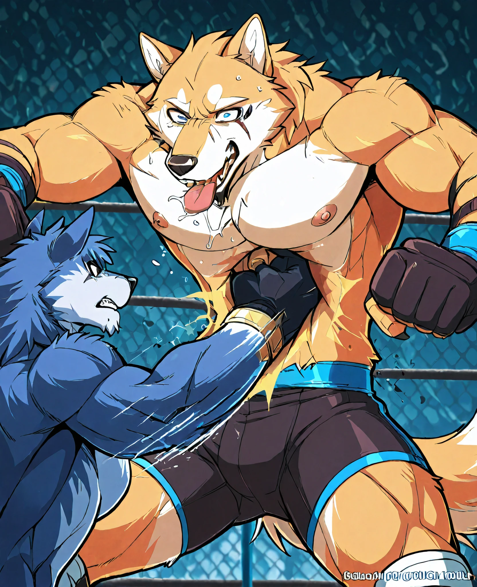Anime Art, Deep Straight Punch, Belly Punch, Furry, Furry Bara, Depth, (Best Quality), Wolf Characters, Which Look Like Two Muscular Humans, Standing Side by Side. The Wolf on the Left Has Yellow Fur, and Wears Black Boxing Gloves and Black Shorts. His hands are tied behind his back, drooling, two wolves wrestling, belly punch, shirtless, belly punch, sticking out tongue, drooling, high quality, belly punch, belly punch, belly squeezing, muscular, muscular, belly destroy, wolf, bodybuilder, straight belly punch, belly, straight belly punch, fighting, fighter, wrestler, wrestler, straight belly punch, belly punch, colorful, muscular, muscular, man, emotionless, looking at each other, fighting pose, belly punch, masterpiece, top quality, very beautiful, high resolution, nonsense, sensitive