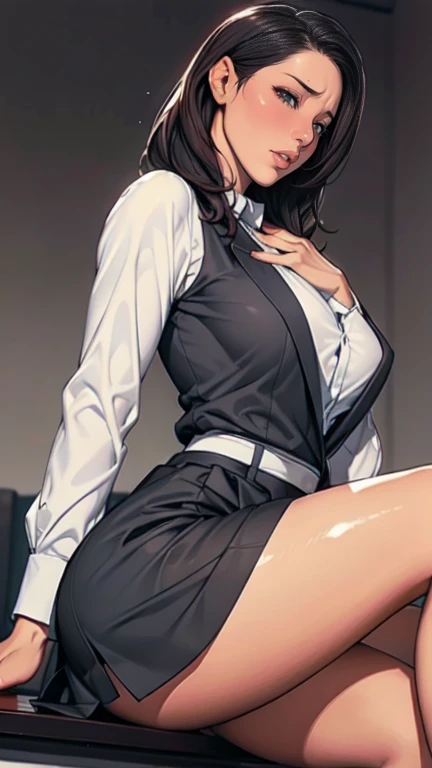 Browsing Caution, (Official Art、Highest quality、Unity 8k wallpaper、32k、masterpiece、Ultra-detailed、Ultra-high resolution、Realistic、Photorealistic:1.2)、(Natural soft light:1.2)、Fire Glow Effect、Film Grain、Best Shadow、Side light、Side Shot、(Highly detailed and intricate 3D rendering)、Beautiful face and eyes in every detail、Sharp pupils、Realistic pupils, nipples and breasts、smile、High heels、Woman in skirt and shirt sitting on the desk, Office Clothes, on the desk, Sit at a desk, Sitting at a desk,Bent knees、Spread your legs、Spread your legs、Panty shot、 Business casual attire, Sexy、Business Attire, At work, Wearing a suit and glasses, Fully clothed, business attire, Embarrassing, smile、business suit、Cleavage、Sexy、