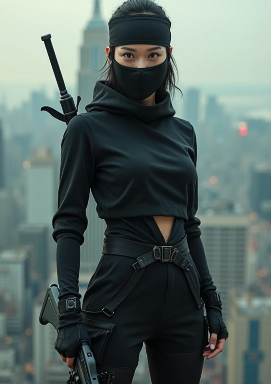 A ninja woman in the middle of a shootout