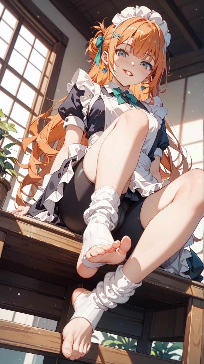 {{masterpiece}},illustration,best quality,extremely detailed CG unity 8k wallpaper,1girl_solo, full_body, from_below, looking_at_viewer, looking_down,((white pantyhose: 1.5)), (no shoes:1.3),chair,twintail,red hair,braided bangs,Sexy and charming panties,revealing dress,window,(Close-up of the foot),hair_ribbon,strong rim light,花,cameltoe,