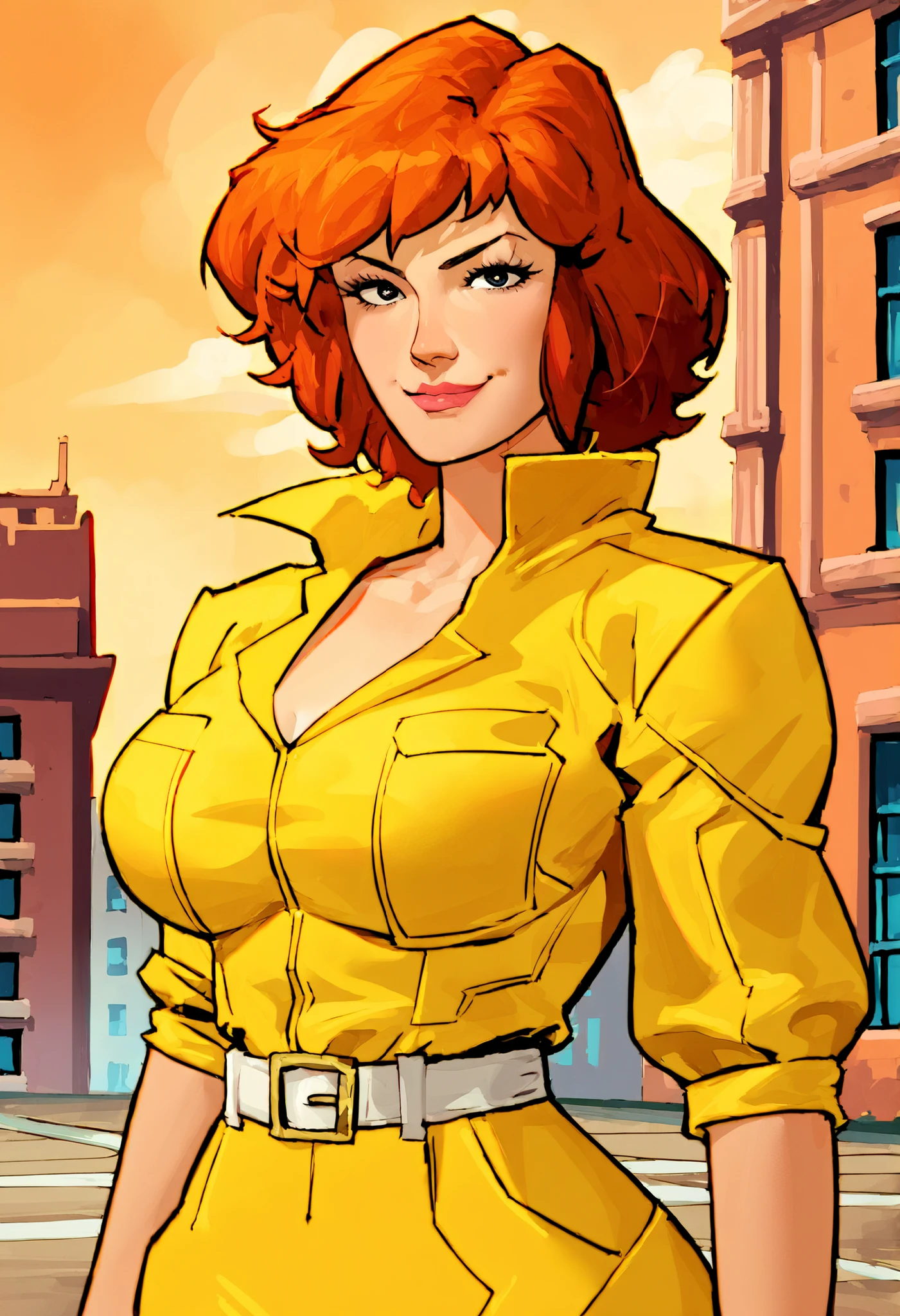 April o'neil , yellow jumpsuit, white belt, 1 girl, One, upper body, buildings , ,detailed face, (cowboy shot), (source_comics, source_anime), detailed eyes, masterpiece, seductive,nsfw,lewd,sensual, large breasts, hips, , thighs, adult, woman,1girl, , smirk, flirty eyes, muscle girl, muscle body, danmora style