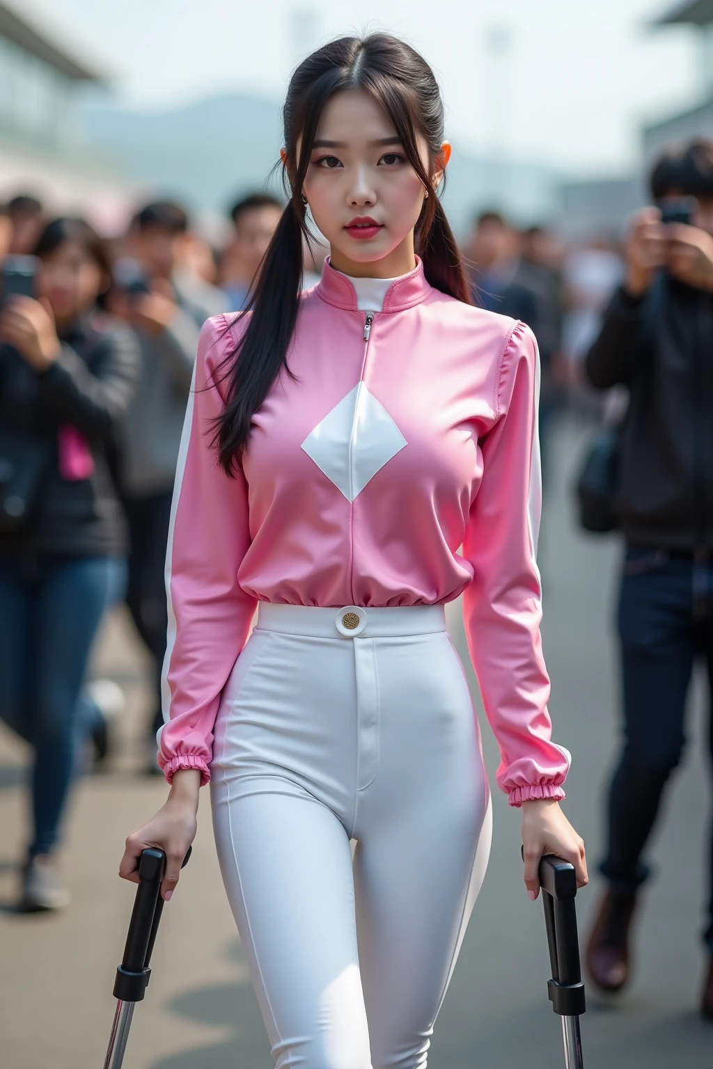 （8K、Raw photography、highest quality、masterpiece：1.2),(black haired、very short hair:1.8),(twin mitsu braid:1.4)、show viewer,Looking at the front,erotic,白いskin,(Wearing a shiny pink ranger costume:1.9)、()、(Clothing that emphasizes the shape of your chest、publish one&#39;skin:1.7)、(big breasts :1.3)、slim body shape、ultra high resolution,beautiful,beautiful fece,(alone、no background:1.9),whole bodyボディー,japanese woman,（Photoreal：1.37）、photon mapping,reality、(Baby-faced and cute: 1.0)、(cute smile: 1.7)、(With a round face: 1.7)、radio city、Physically based rendering、depth of field rally background、photograph, (I can see your knees,very short skirt、I can see white pants、close up of thighs:1.8),whole body、super fine