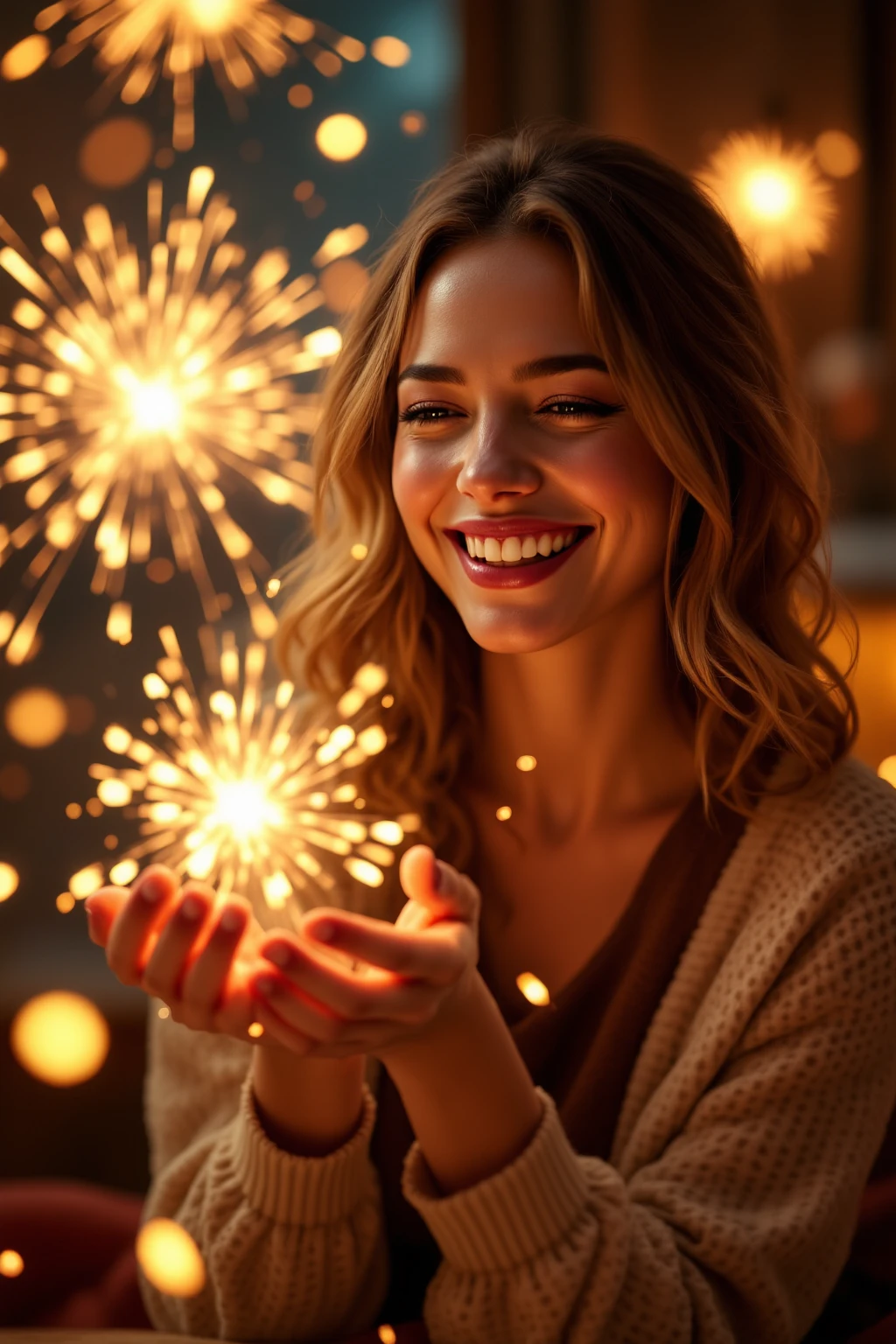 Woman smiling clearly while watching firecrackers spinning on the floor, Bright and vibrant expression, Laughing movement, Brilliant lighting of fireworks, Sparkling party atmosphere, Warm lighting in the room, Realistic Texture, High-resolution digital painting, Realistic and vibrant images, 4k high definition , ultra-realistic representation, Professional Level Details, HDR, vibrant colors, Rich texture expression