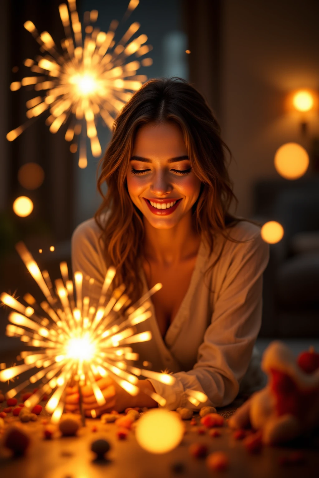 Woman smiling clearly while watching firecrackers spinning on the floor, Bright and vibrant expression, Laughing movement, Brilliant lighting of fireworks, Sparkling party atmosphere, Warm lighting in the room, Realistic Texture, High-resolution digital painting, Realistic and vibrant images,  4k high definition , ultra-realistic representation, Professional Level Details, HDR, vibrant colors, Rich texture expression
