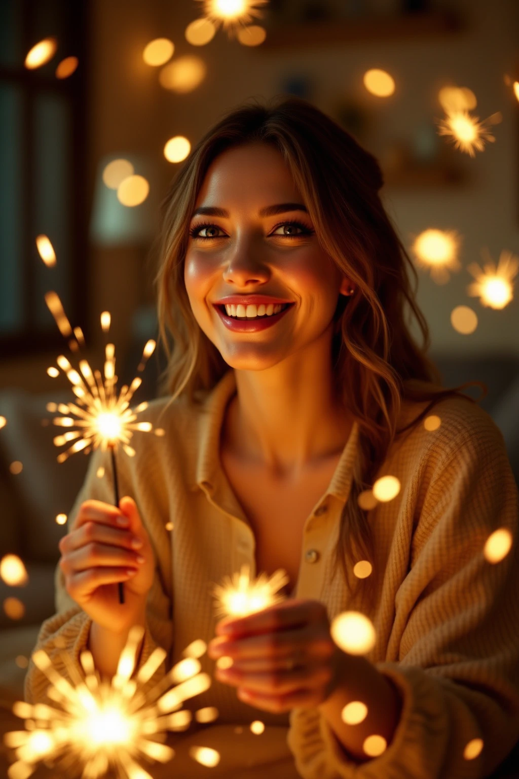 Woman smiling clearly while watching firecrackers spinning on the floor, Bright and vibrant expression, Laughing movement, Brilliant lighting of fireworks, Sparkling party atmosphere, Warm lighting in the room, Realistic Texture, High-resolution digital painting, Realistic and vibrant images, 4k high definition , ultra-realistic representation, Professional Level Details, HDR, vibrant colors, Rich texture expression