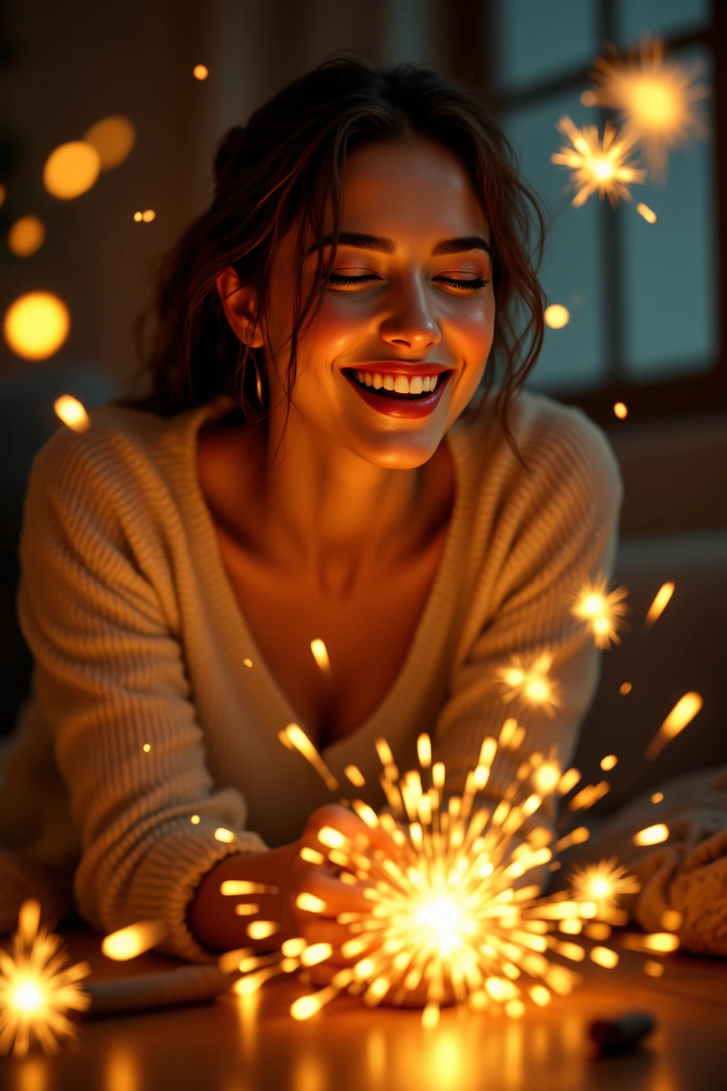 Woman smiling clearly while watching firecrackers spinning on the floor, Bright and vibrant expression, Laughing movement, Brilliant lighting of fireworks, Sparkling party atmosphere, Warm lighting in the room, Realistic Texture, High-resolution digital painting, Realistic and vibrant images,  4k high definition , ultra-realistic representation, Professional Level Details, HDR, vibrant colors, Rich texture expression